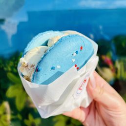 Ice Cream Sandwich - A hand is holding a macaron ice cream sandwich featuring two blue macarons decorated with red, white, and blue star-shaped sprinkles. The macarons are filled with ice cream, visible from the sides. The background shows a blurred outdoor scene with greenery and a blue sky.