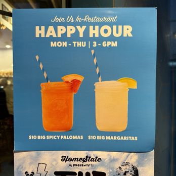 HomeState - Happy hour 11.19.24 $8 off large margaritas Some sort of discount off ranch water No food discounts anymore - Tacos Near Me - Oceanside, California HomeState - Happy hour 11.19.24 $8 off large margaritas Some sort of discount off ranch water No food discounts anymore - Tacos Near Me - Oceanside, California