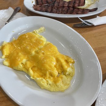 Brownstone Pancake Factory - Scrambled eggs w/ cheese. Over easy eggs with turkey bacon - Breakfast & Brunch Near Me - Edgewater, New Jersey Brownstone Pancake Factory - Scrambled eggs w/ cheese. Over easy eggs with turkey bacon - Breakfast & Brunch Near Me - Edgewater, New Jersey