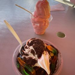 Hanna's Frosty Treats - Worms in dirt sundae, medium strawberry and lemon ice twist