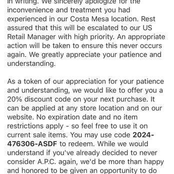 APC - South Coast Plaza - Letter from customer service/corporate - Men's Clothing Near Me - Costa Mesa, California