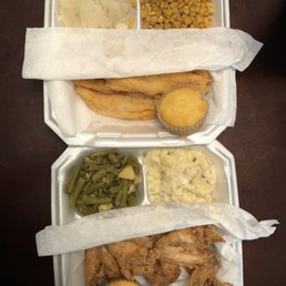 Fish dinner with mashed potatoes and corn, White meat chicken dinner with potatoes salad and green beans, cornbread Fish dinner with mashed potatoes and corn, White meat chicken dinner with potatoes salad and green beans, cornbread