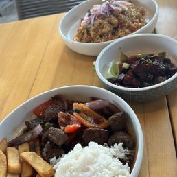 Lomo Saltado, Arroz Chaufa, pork belly burnt ends