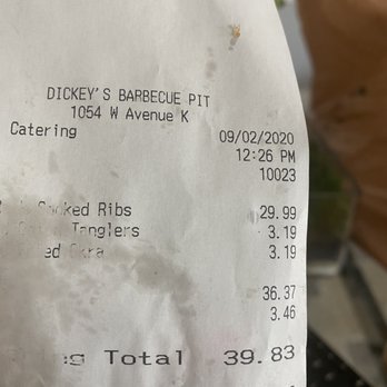 Dickey's Barbecue Pit - Lancaster - Receipt...$30 for some fatty beef ribs! - Barbeque Near Me - Lancaster, California