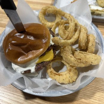 The Shed - Ranch bacon burger with onion rings - Burgers Near Me - El Reno, Oklahoma The Shed - Ranch bacon burger with onion rings - Burgers Near Me - El Reno, Oklahoma