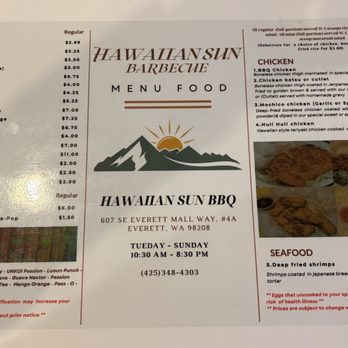 Hawaiian Sun B.B.Q - Menu as of 12/21/2024 - Hawaiian Near Me - Everett, Washington