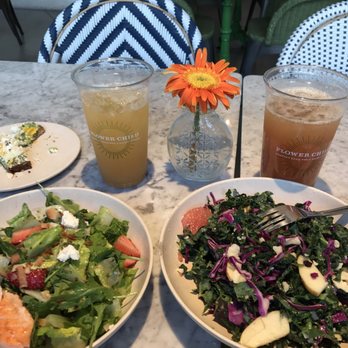 Flower Child - Strawberry fields salad with salmon and kale salad. Avocado toast in back - tasty, but not worth $7. - Salad Near Me - Austin, Texas