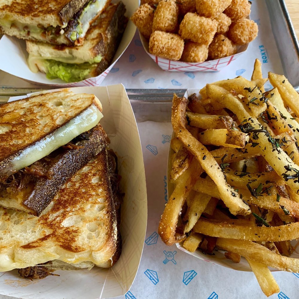 Roxy's Grilled Cheese - Mighty rib with truffle fries and green Muenster with truffle tots - Sandwiches Near Me - Cambridge, Massachusetts Roxy's Grilled Cheese - Mighty rib with truffle fries and green Muenster with truffle tots - Sandwiches Near Me - Cambridge, Massachusetts
