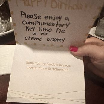 Stonewood Grill & Tavern - Birthday card from restaurant!! Nice touch - New American Near Me - Jacksonville, Florida Stonewood Grill & Tavern - Birthday card from restaurant!! Nice touch - New American Near Me - Jacksonville, Florida