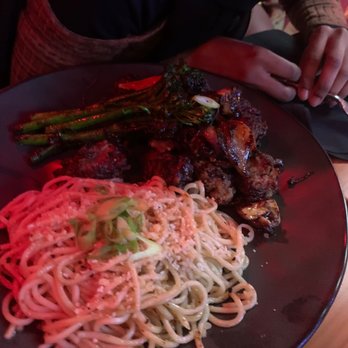 Lit Kitchen & Lounge - The plate came with noodles even though it said rice on the menu - New American Near Me - Dallas, Texas