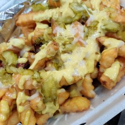 Cuban fries with cheese, ham and mustard aoli