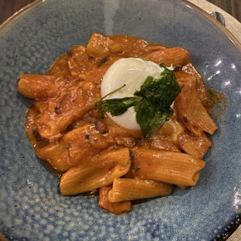 Trattoria by Italian Kitchen - Rigatoni vodka all'amatriciana. Pancetta, pecorino and burrata. - Italian Near Me - Burnaby, British Columbia