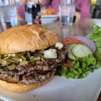 The Kosmos - Double bleu cheese green chile smash burger - not nearly as wonderfully burnt and lacy as the last one was - Bars Near Me - Albuquerque, New Mexico The Kosmos - Double bleu cheese green chile smash burger - not nearly as wonderfully burnt and lacy as the last one was - Bars Near Me - Albuquerque, New Mexico