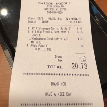 Saigon Noodles - Receipt - Vietnamese Near Me - Madison, Wisconsin Saigon Noodles - Receipt - Vietnamese Near Me - Madison, Wisconsin