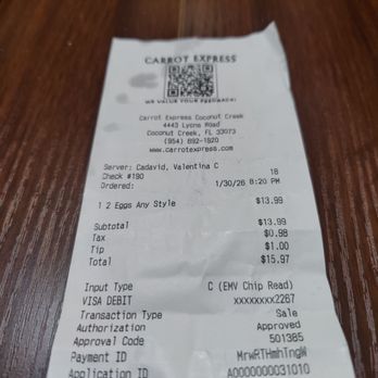 Carrot - Receipt. - Wraps Near Me - Coconut Creek, Florida