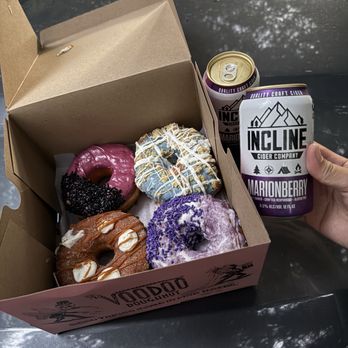 Voodoo Doughnut - Hibiscus, blueberry muffin, grape, and churro (clockwise from top left) - Donuts Near Me - Portland, Oregon