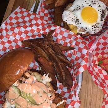 Watson's Shack & Rail - Nashville Hot Chicken Sandwich (on the left) and Du Velo Sandwich (on the right) - Bars Near Me - Champaign, Illinois Watson's Shack & Rail - Nashville Hot Chicken Sandwich (on the left) and Du Velo Sandwich (on the right) - Bars Near Me - Champaign, Illinois