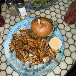 My sirloin burger with garlic aioli dipping sauce. My sirloin burger with garlic aioli dipping sauce.