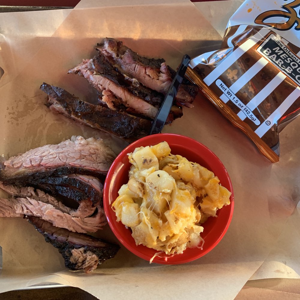 Serious Texas Bar-B-Q - 2 meat plate with a bag of chips (extra $$) and cheesy potatoes - Barbeque Near Me - Fort Collins, Colorado Serious Texas Bar-B-Q - 2 meat plate with a bag of chips (extra $$) and cheesy potatoes - Barbeque Near Me - Fort Collins, Colorado
