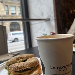 Les Moulins la Fayette - Breakfast sandwich with cappuccino