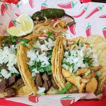 Alchile Mexican Grill - 2 steak tacos + 1 chicken taco. Comes with some sort of grilled onion too. - Mexican Near Me - West Bloomfield Township, Michigan Alchile Mexican Grill - 2 steak tacos + 1 chicken taco. Comes with some sort of grilled onion too. - Mexican Near Me - West Bloomfield Township, Michigan
