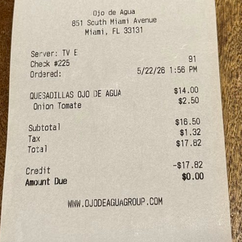 Ojo de Agua - Receipt - Mexican Near Me - Miami, Florida Ojo de Agua - Receipt - Mexican Near Me - Miami, Florida