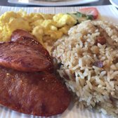 Photo of Moena Café - Honolulu, HI, United States. Two eggs. Portuguese sausage and fried rice.