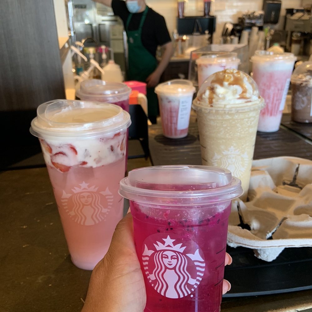 Starbucks - Caramel Frappuccino Blended Coffee, mango dragonfruit refresher & Pink drink w cold foam(secret menu) 5.08.22 - Coffee & Tea Near Me - Riverside, California Starbucks - Caramel Frappuccino Blended Coffee, mango dragonfruit refresher & Pink drink w cold foam(secret menu) 5.08.22 - Coffee & Tea Near Me - Riverside, California