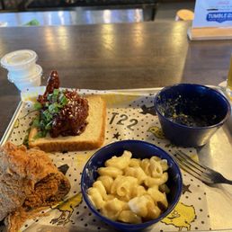 wimpy chicken wings, Korean chicken wings, broccoli salad side (empty bowl) and mac&chz