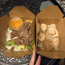 Lemongrass beef bun and spring rolls Lemongrass beef bun and spring rolls