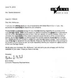 Dollar Rent A Car - Letter showing how they respond to false charges. My exact response.
