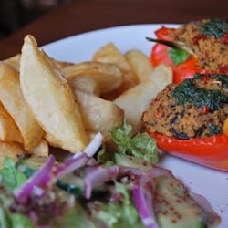 Bistro Noir - Roasted peppers, stuffed with couscous, olives and sun-dried tomatoes with handcut chips and salad.