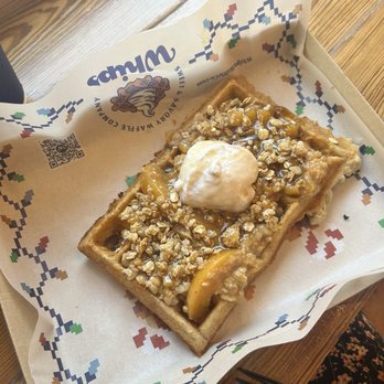 Whips Waffle - Gluten free bourbon peach cobbler with Vegan whip - Waffles Near Me - St. Augustine, Florida