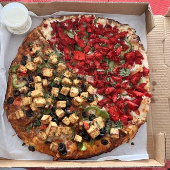 The Curry Pizza Company - Walnut - Large half & half pizza - Tandoori Chicken Masala (right), Butter Paneer (left) - Indian Near Me - Walnut, California The Curry Pizza Company - Walnut - Large half & half pizza - Tandoori Chicken Masala (right), Butter Paneer (left) - Indian Near Me - Walnut, California