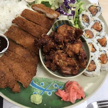 Rice Things - My friends 3 combo plate with chicken katsu, sesame chicken, and spicy salmon roll - Japanese Near Me - Redondo Beach, California Rice Things - My friends 3 combo plate with chicken katsu, sesame chicken, and spicy salmon roll - Japanese Near Me - Redondo Beach, California