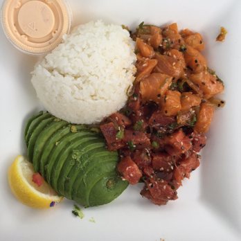 Bear Flag Fish - Salmon and tuna poke plate with rice and avocado. Delicious. - Seafood Near Me - Newport Beach, California Bear Flag Fish - Salmon and tuna poke plate with rice and avocado. Delicious. - Seafood Near Me - Newport Beach, California
