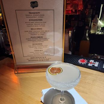 Hello Bar Bk - Menu in the background , lemon drop with tequila - Tapas Bars Near Me - Brooklyn, New York