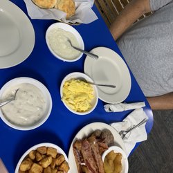 All you can eat breakfast: 09/09/2022 scrabbled eggs, pork sausage, bacon, fried apples, potatoes, grits and homemade biscuits & gravy