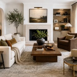 KMW Interiors - Brentwood Modern Mediterranean Living Room Interior Design Plan