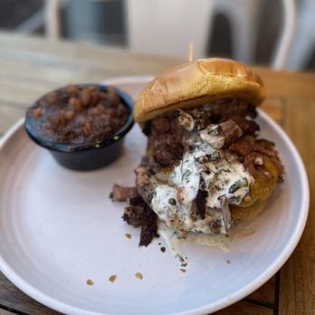 Sweet Auburn BBQ - ***Wagyu Burger with **Bourbon Baked Beans - Barbeque Near Me - Atlanta, Georgia