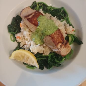 Lama Beans Cafe - Yellowtail special with risotto, steamed spinach and arugula pesto. Yummy! - New American Near Me - Berkeley, California Lama Beans Cafe - Yellowtail special with risotto, steamed spinach and arugula pesto. Yummy! - New American Near Me - Berkeley, California