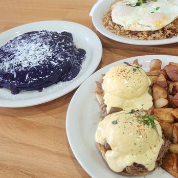 Aloha Stacks - Ube Coconut Pancake . Kalua Pork Benedict  . Portuguese Fried Rice with Eggs - Pancakes Near Me - El Monte, California