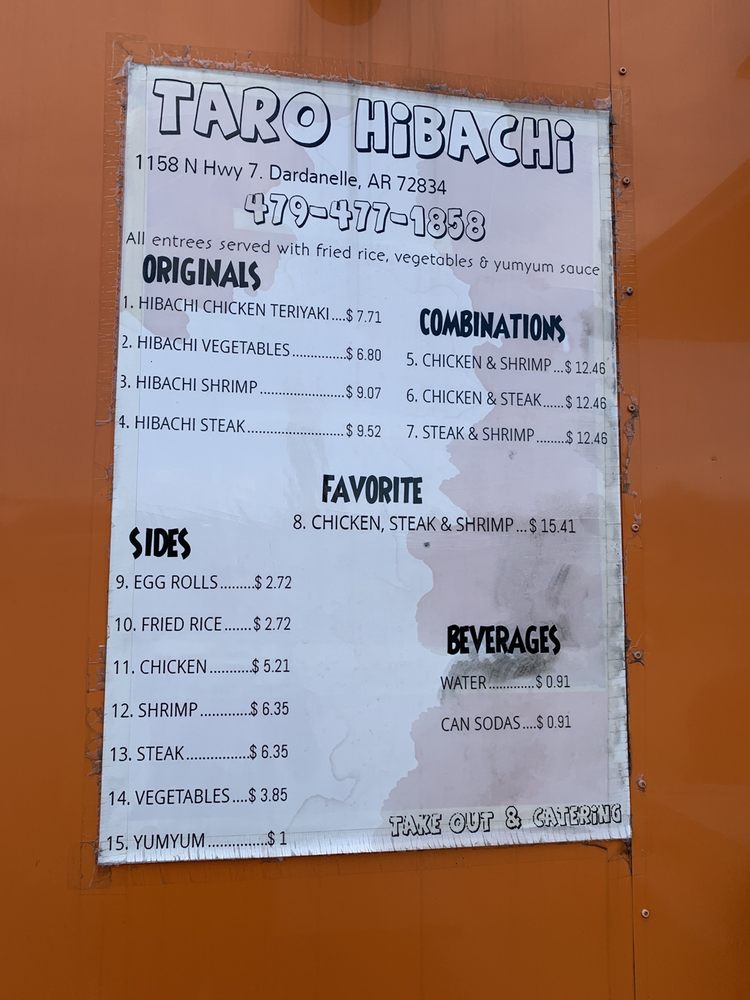 TARO HIBACHI Updated May 2024 1158 N Hwy 7, Dardanelle, Arkansas