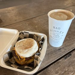 Sad Monkey Mercantile - Breakfast sandwich and German Chocolate Latte