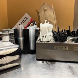 Plates, plastic ware, napkins, to go boxes, straws, beverage cups & lids