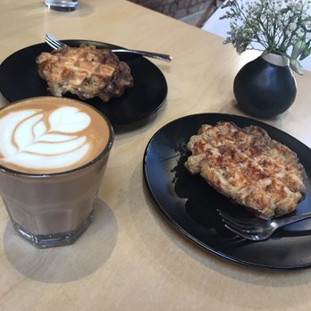 Narrative Coffee - Latte and waffles - sweet on the left and savory on the right. - Coffee & Tea Near Me - Everett, Washington