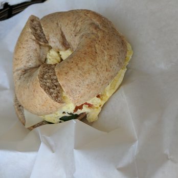 Bagel Place Cafe - Egg, cheese, tomato, onion, and bellpepper on a whole wheat bagel. - Bagels Near Me - Sunnyvale, California Bagel Place Cafe - Egg, cheese, tomato, onion, and bellpepper on a whole wheat bagel. - Bagels Near Me - Sunnyvale, California