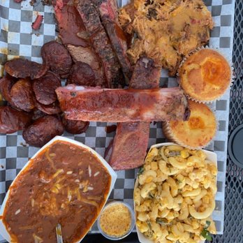 Outlaw BBQ - 3 Meat plate add Ribs, sub white bread for Corn bread - Barbeque Near Me - Spokane, Washington