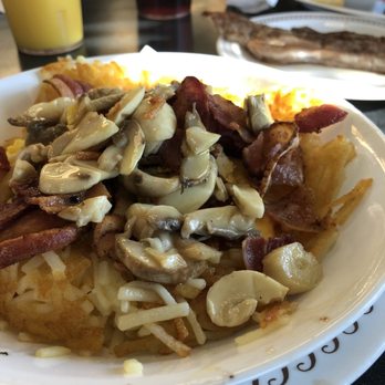 Waffle House - Bacon, mushroom, scramble egg and cheese or top of a shattered hash brown - Breakfast & Brunch Near Me - Clearwater, Florida Waffle House - Bacon, mushroom, scramble egg and cheese or top of a shattered hash brown - Breakfast & Brunch Near Me - Clearwater, Florida