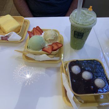 Sweethoney Dessert - Black sesame and red bean with balls, green tea ice cream with durian and fresh strawberries on ice milk, and some kind of pancake dessert - Desserts Near Me - Alhambra, California Sweethoney Dessert - Black sesame and red bean with balls, green tea ice cream with durian and fresh strawberries on ice milk, and some kind of pancake dessert - Desserts Near Me - Alhambra, California